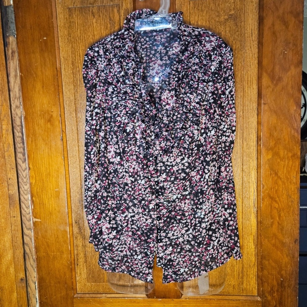 INC International Concepts Mesh Button Down Women Pink Black Floral Ruffle Top